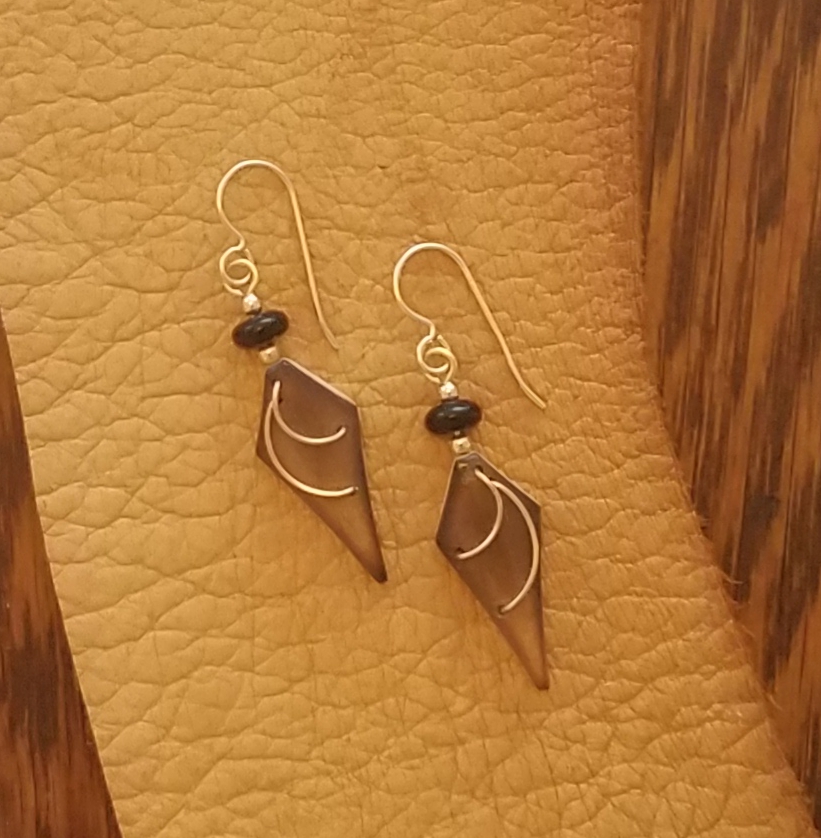 Burned Antler Earrings with Jet and Goldfill by Dancing Elk Designs