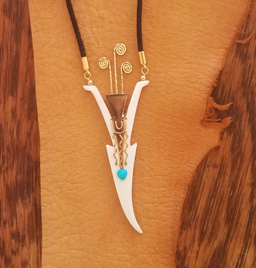 Celebration - Burned Elk Antler Necklace with Turquoise Goldfill by Dancing Elk Designs