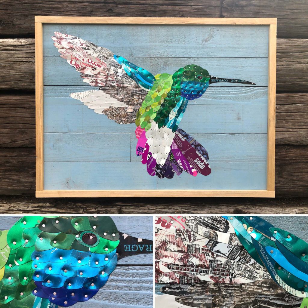 Hummingbird by Moore Family Folk Art made of vintage tin cans