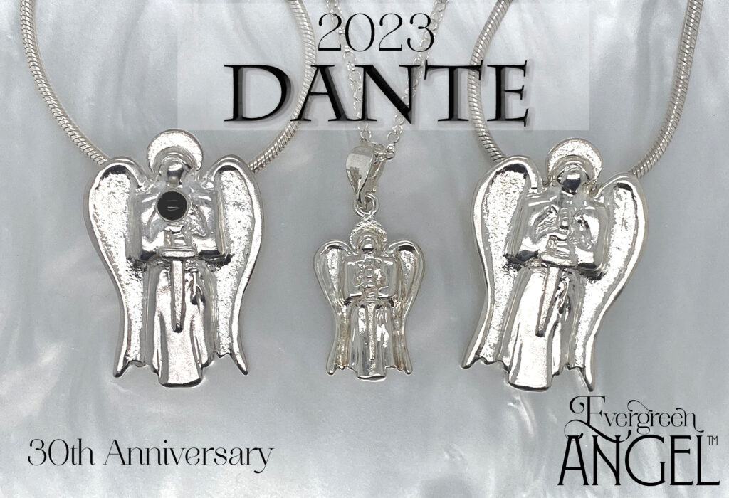 Silver Angel Jewelry Pendants on chains. 2023 Dante holding a sword with a black onyx at the top.