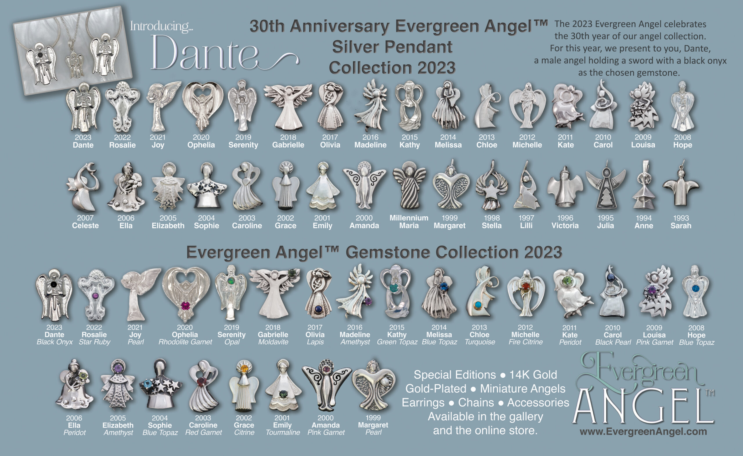 Brochure of the Evergreen Angel Jewelry Collection listing all of the angels, dates and names.