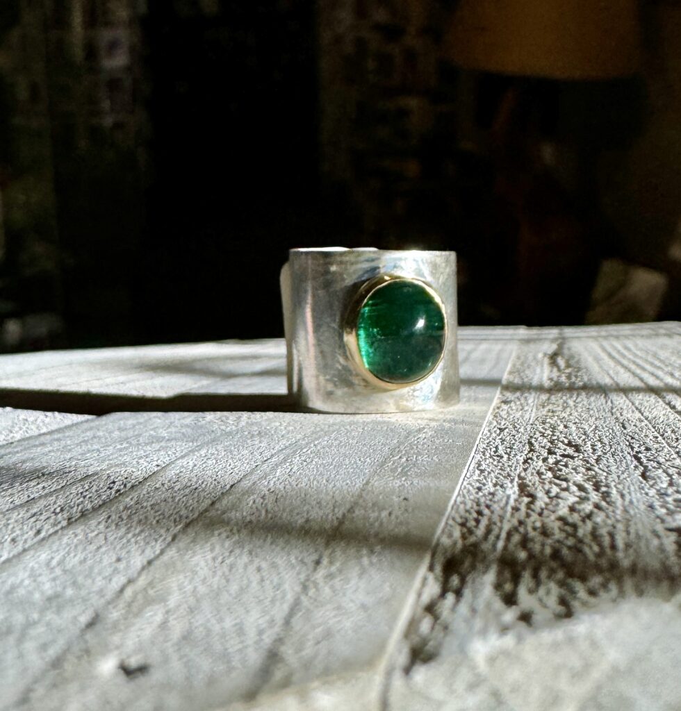 Gemstone Statement Piece - A ring with Cat's Eyes Tourmaline in Green with 18K Gold and Sterling Silver by Amy Whitten of Evergreen, Colorado