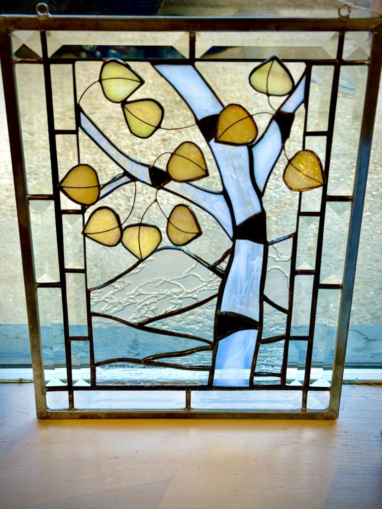 Stained Glass window panel with aspen trees, by artist Susan Peppel