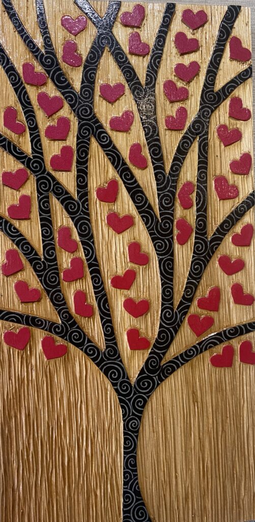 Carved Wood Black Tree with Red Hearts for leaves
